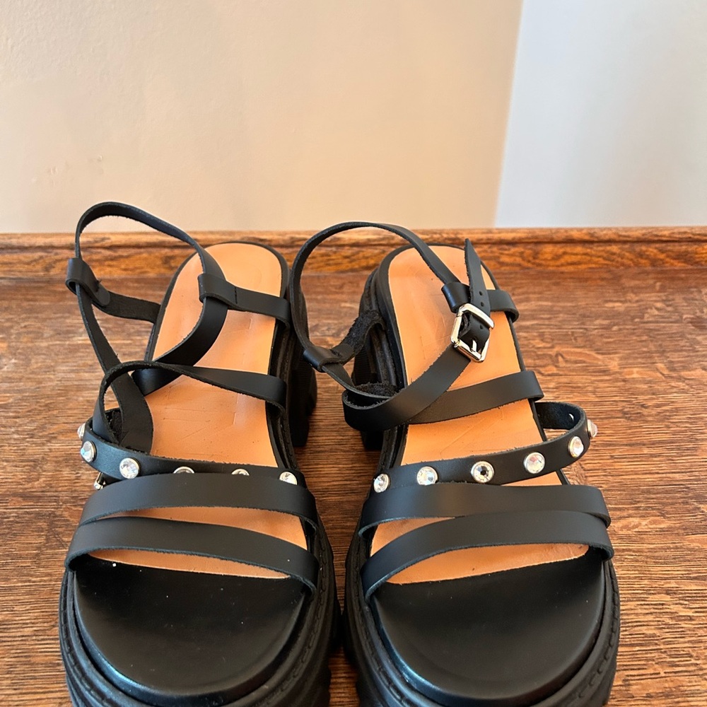 Ganni Black Strappy Sandals with Rhinestone Accents
